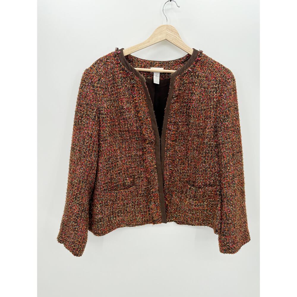 Chicos Tweed Blazer Womens 2 Large Orange Metallic Wool Blend Suit Jacket BO27